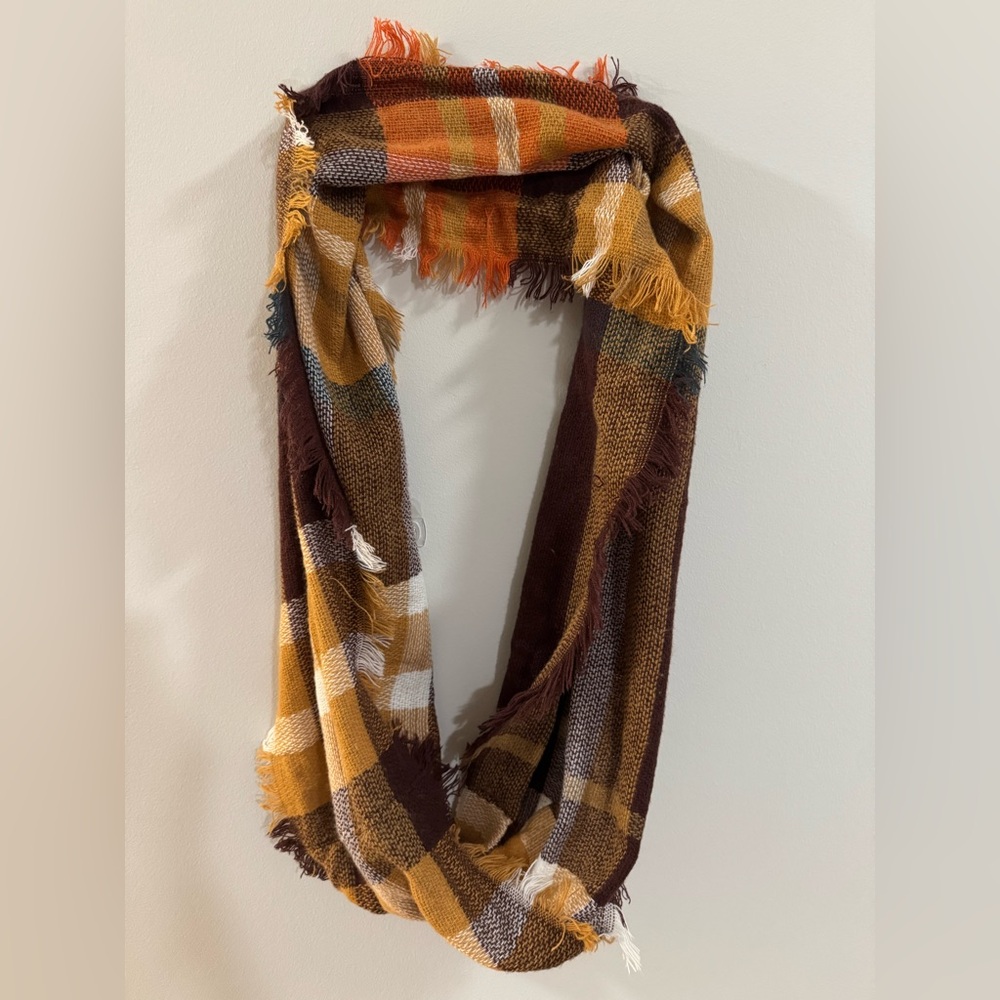 Cozy Plaid Fringe Infinity Scarf - Mustard & Brown
